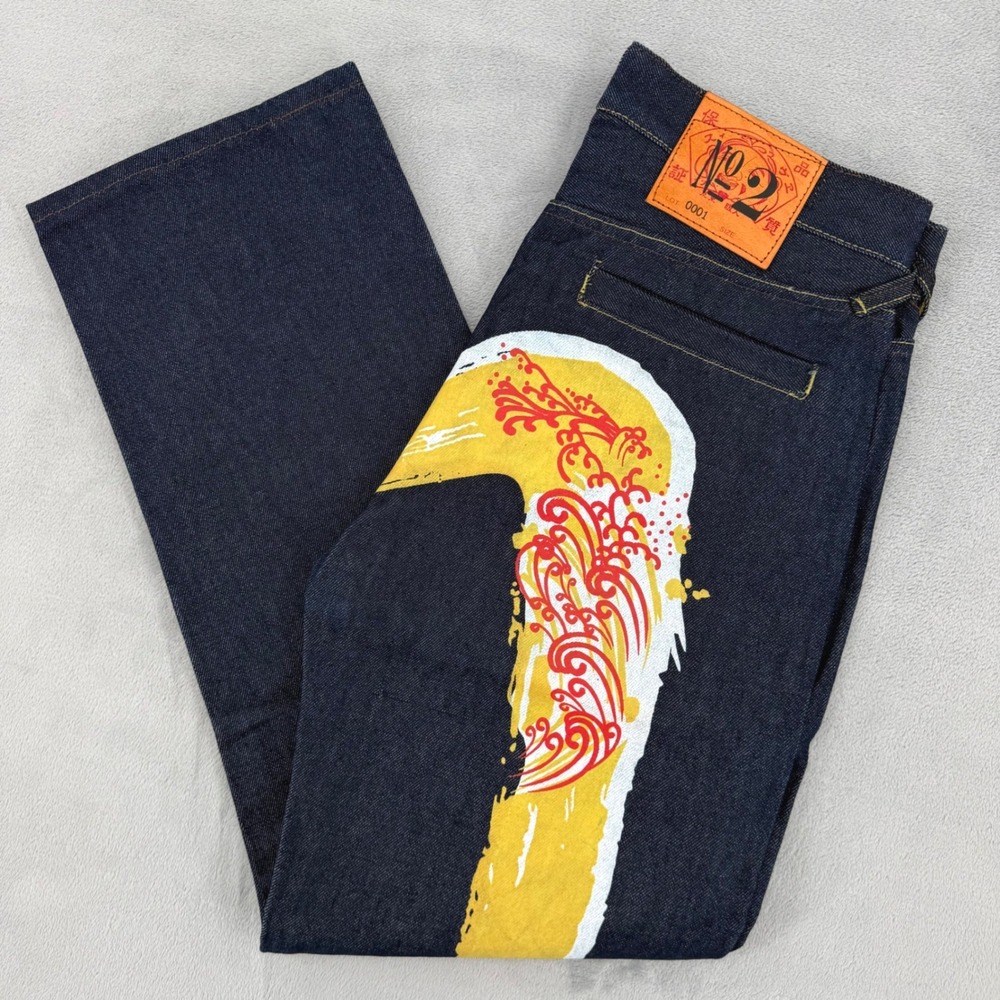 Evisu Osaka Japan Men Raw Denim Jeans Size 30 Dark Wash Wave Graphic Japan Made